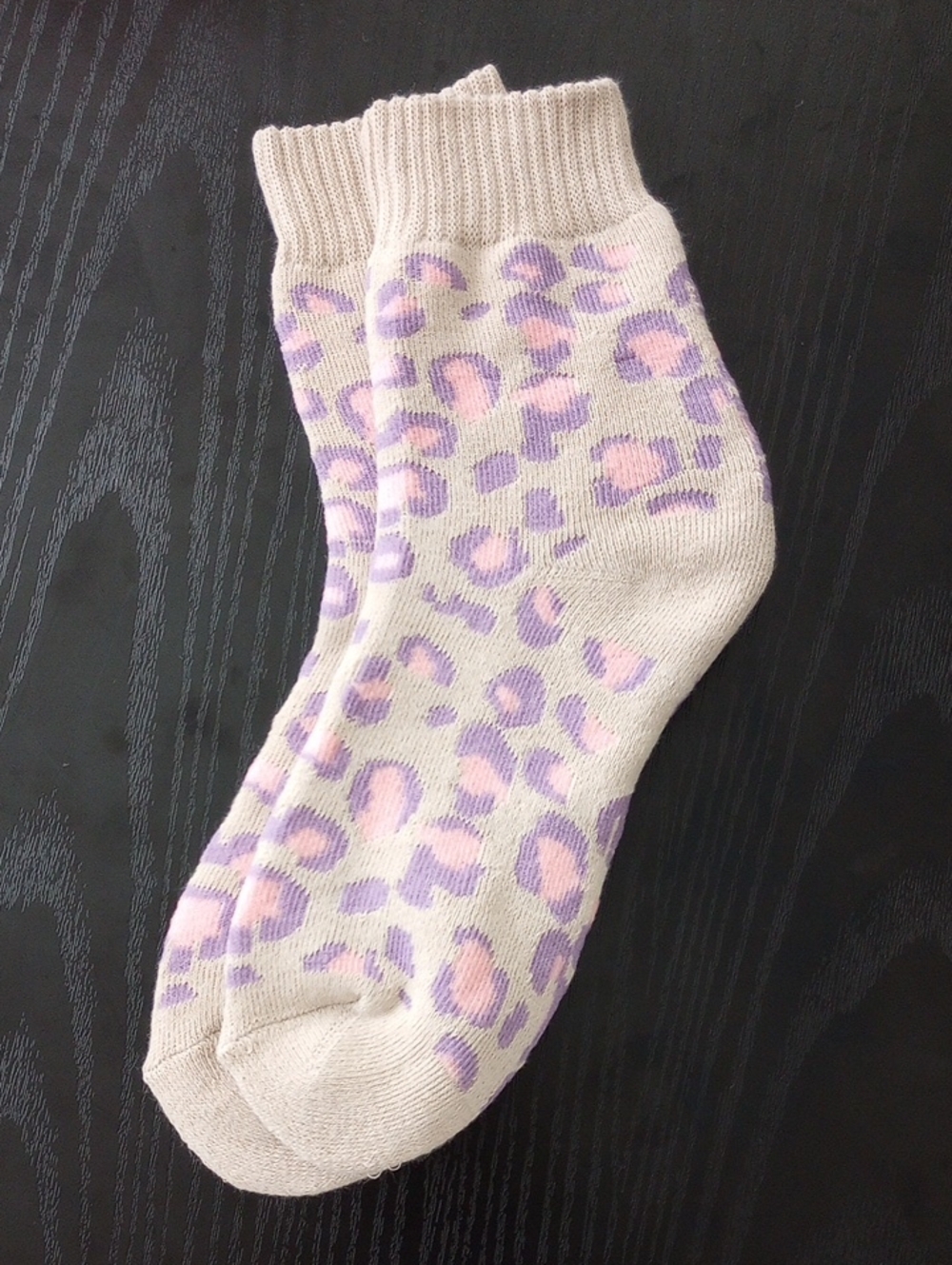 Cream Leopard Print Crew Socks with Pink & Lavender Accents